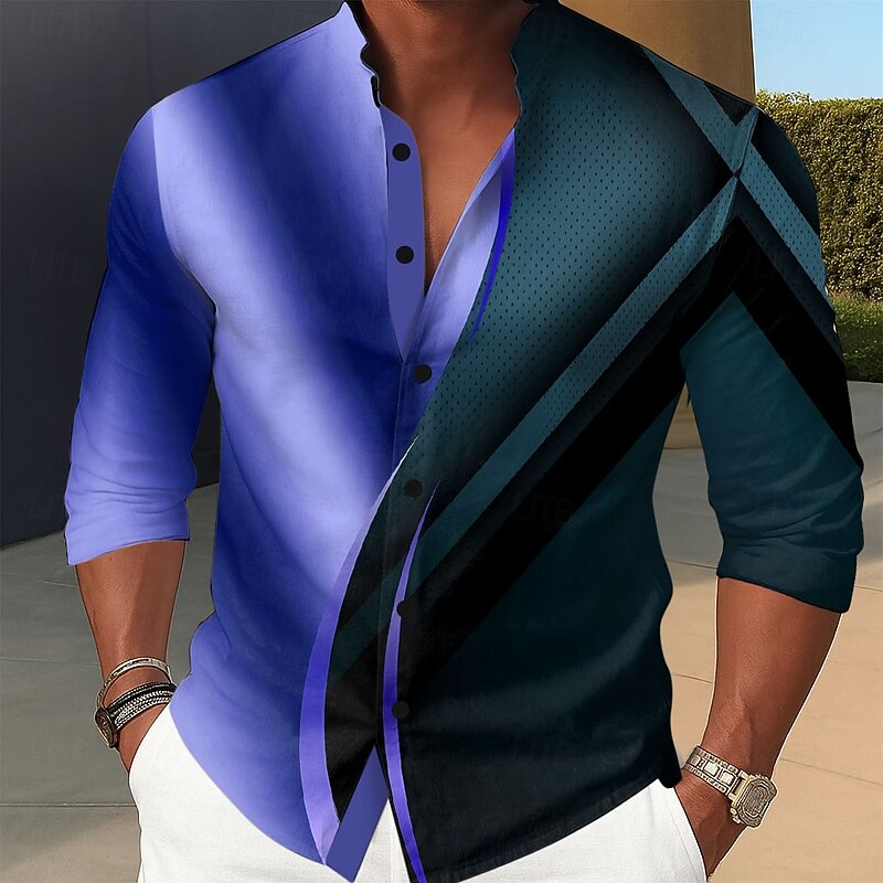 Men's Geometric Gradient Waves Shirt Stand Collar Shirt Long Sleeve Fashion Casual Dailywear Holiday Spring Fall Mandarin Collar Band Collar 3D Print Button Up Shirts Blue Purple Gold Gray2