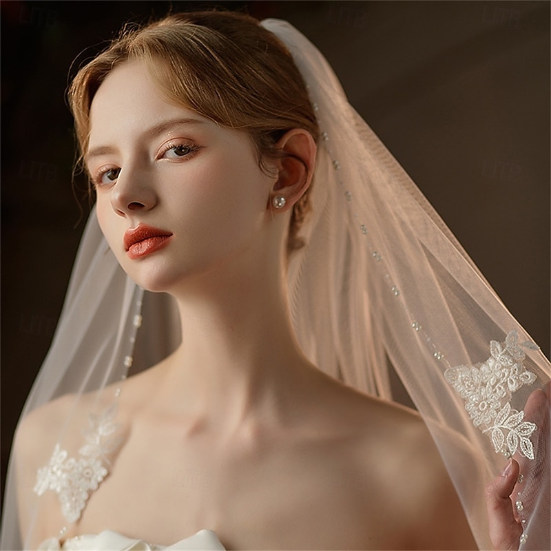 One-tier Comtemporary / Stylish / Classic Style Wedding Veil Elbow Veils with Faux Pearl 35.43 in (90cm) Lace / Tulle2