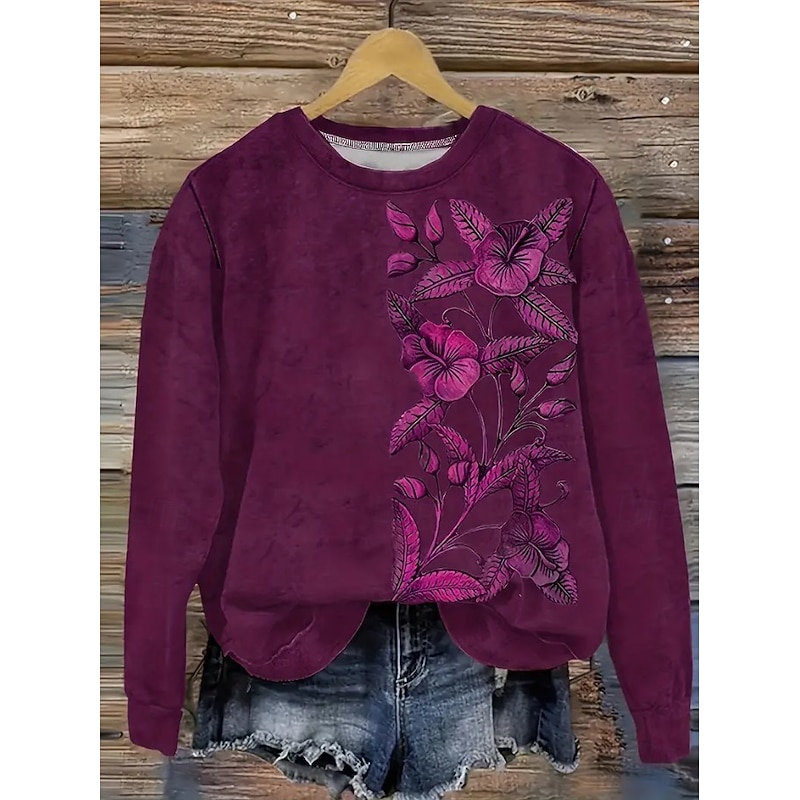 Women's Pullover Sweatshirt Floral Graphic Casual Long Sleeve Crew Neck Regular Tops Home Work Street Blue Purple Brown Green Dark Blue Spring Fall Winter3