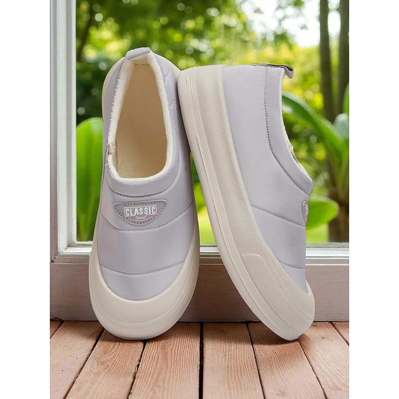 Women's Wide Width White Slip-On Sneakers with Plush Lining – Warm Winter Walking Shoes for Daily Wear