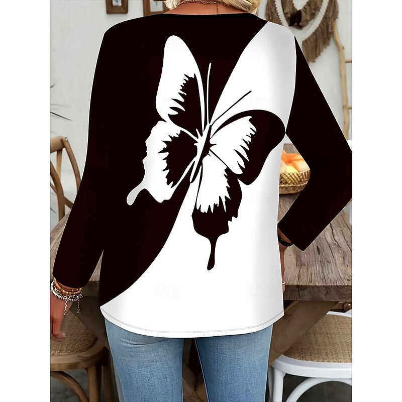 Women's T Shirt Graphic Color Block Butterfly Vintage Stylish Classic Long Sleeve V Neck Regular Tops Daily Weekend Zipper Print Black and White Fall Winter2