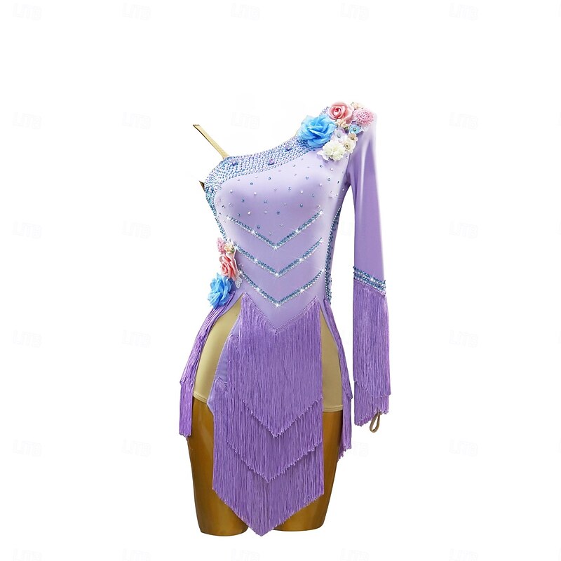 Latin Dance Dress Petal Crystal / Rhinestone Tassel Women's Performance Party Long Sleeve Spandex3