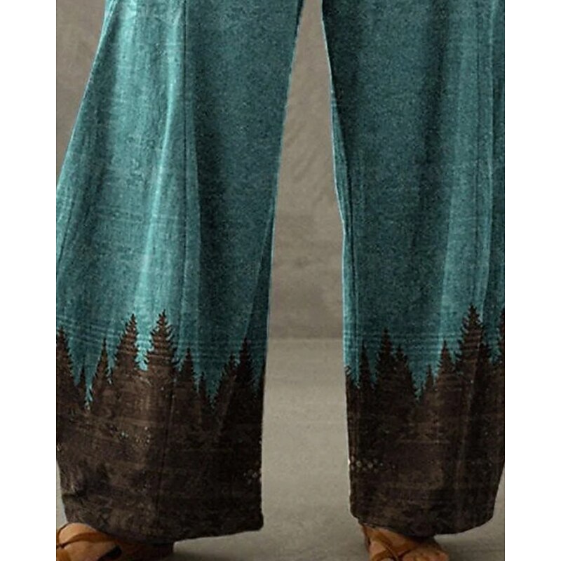 Women's Wide Leg Pants Trousers Vacation Ethnic Style Boho Full Length High Waist Graphic Color Block Pocket Elastic Waistband Print Comfy Breathability Stretchy Vacation Casual Daily Peacock Blue3