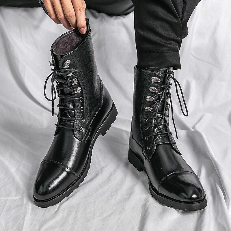 Men's Black Faux Leather Lace-Up Combat Boots with Classic Design, Perfect for Rugged Outdoors, Casual Outings and Everyday Wear4