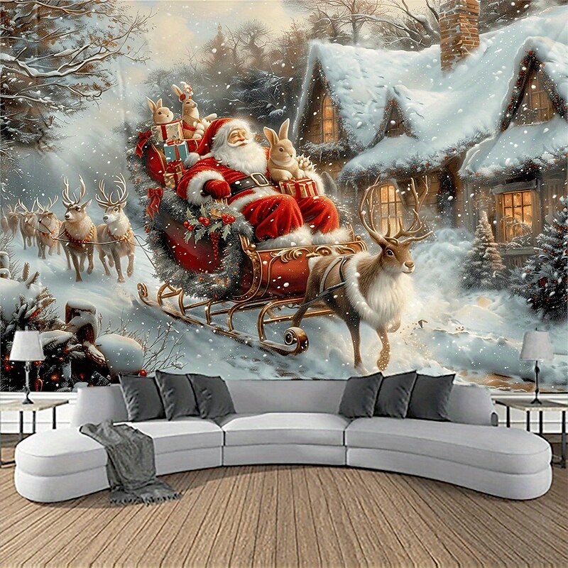 Chrismas Hanging Tapestry Snow-Covered House Santa Claus Reindeer Nativity Scene Large Wall Art Mural Decor Blanket Curtain Holiday Home Bedroom Living Room Festive Seasonal Christmas Decoration3