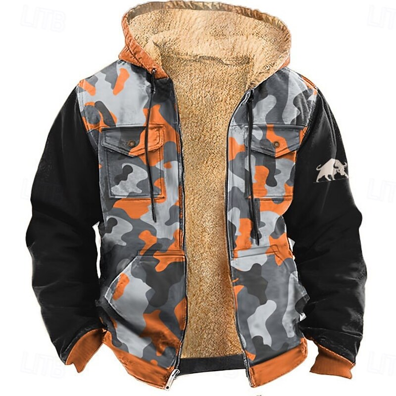 Men's Camo Camouflage Fleece Hoodie Jacket Fashion Cool Hooded Hunting Blue Brown Zipper Pocket Fall Winter Designer2