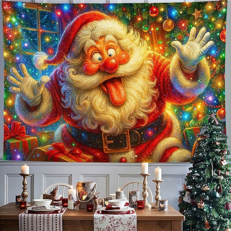 Christmas Wall Tapestry Backdrop, Colorful Santa Claus with Lights Wall Hanging, 2025 Xmas Holiday Decoration for Bedroom, Living Room, Party, Outdoor Decoration3