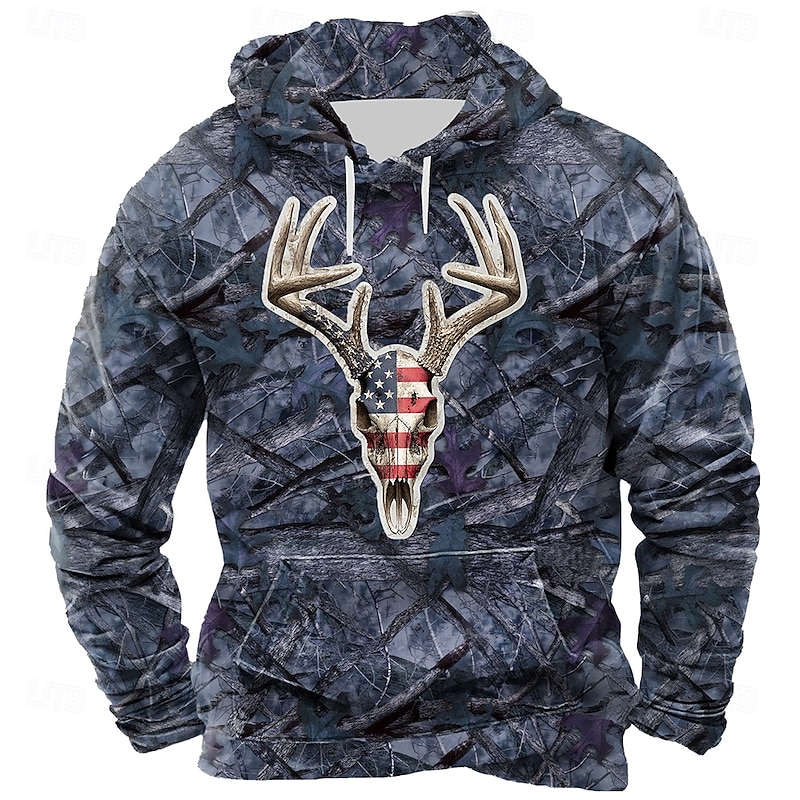 Men's Camo Camouflage Deer Hoodie Sweatshirt Tactical Crew Neck Hunting Blue Green Drawstring Fall Winter Designer2