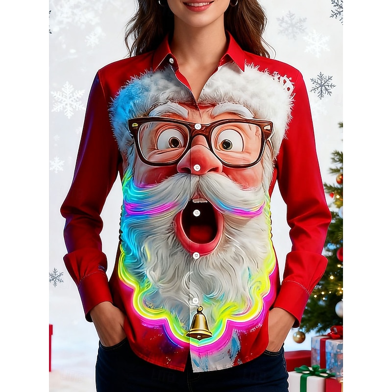 Christmas Women's Shirt Graphic Santa Claus Elegant Vintage Tropical Long Sleeve Shirt Collar Regular Tops Work Daily Holiday Black Red Blue Fall Winter