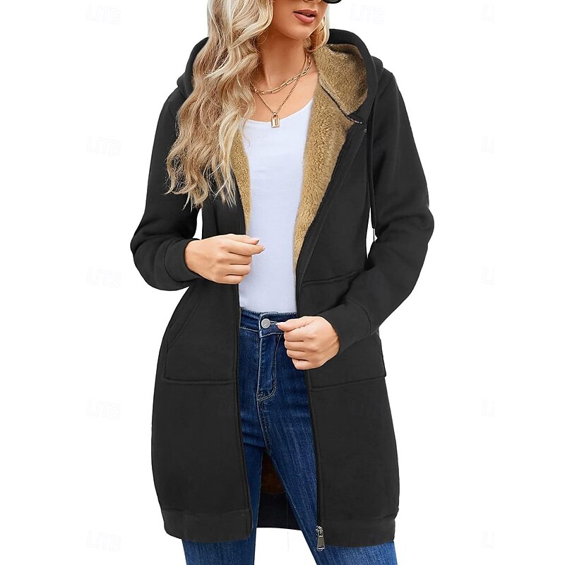Women's Winter Coat Sherpa Jacket Comfortable Breathable Pocket Casual Plain Vacation Street Casual Daily Wear Zipper Long Hooded Regular Fit Long Sleeve Outerwear Black Wine Navy Blue Spring Fall