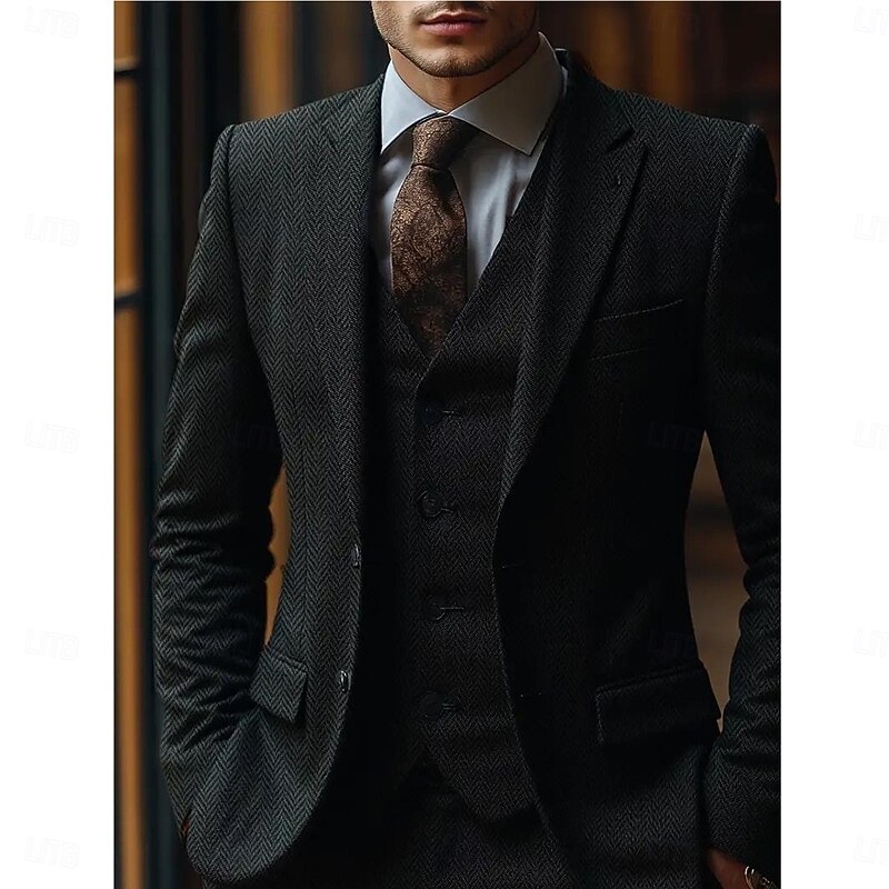 Men's Wedding Business Tweed Suits Peaked Lapel Black Formal Herringbone Slim Fit 3 Piece Single Breasted Two-buttons
