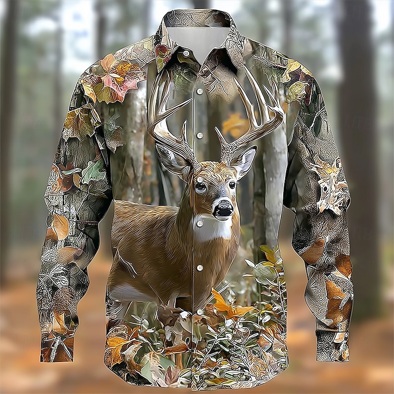 Men's Reindeer Camo / Camouflage Forest Shirt Button Up Shirt Long Sleeve Vintage Retro Outdoor Camping & Hiking Hunting Spring Fall Turndown 3D Print Collared Shirts Camouflage Camouflage Gray