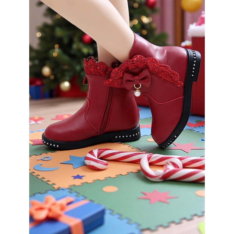 Girl's Warm Winter Boots with Fur Lining - Red Ankle Boots with Lace Bow Detail, Cozy Fashion Style for Kids Cold Weather Wear3