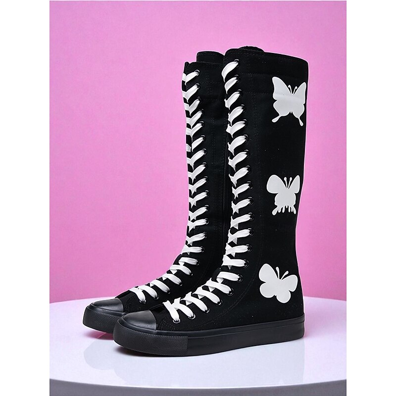 Korean Idol Inspired Pop Star Costume Shoes, Women's Black Halloween Knee High Boots – Glow in the Dark Lace-Up Canvas Shoes with Butterfly Print for Party and Festival