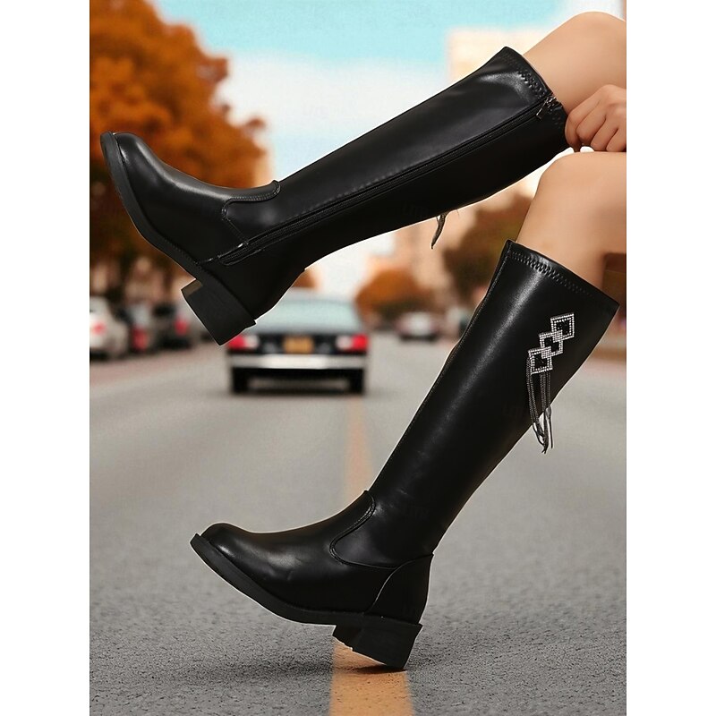 Women's Black Faux Leather Knee High Boots – Rhinestone Embellished Riding Style Fashion Boots for Streetwear and Casual Outings4