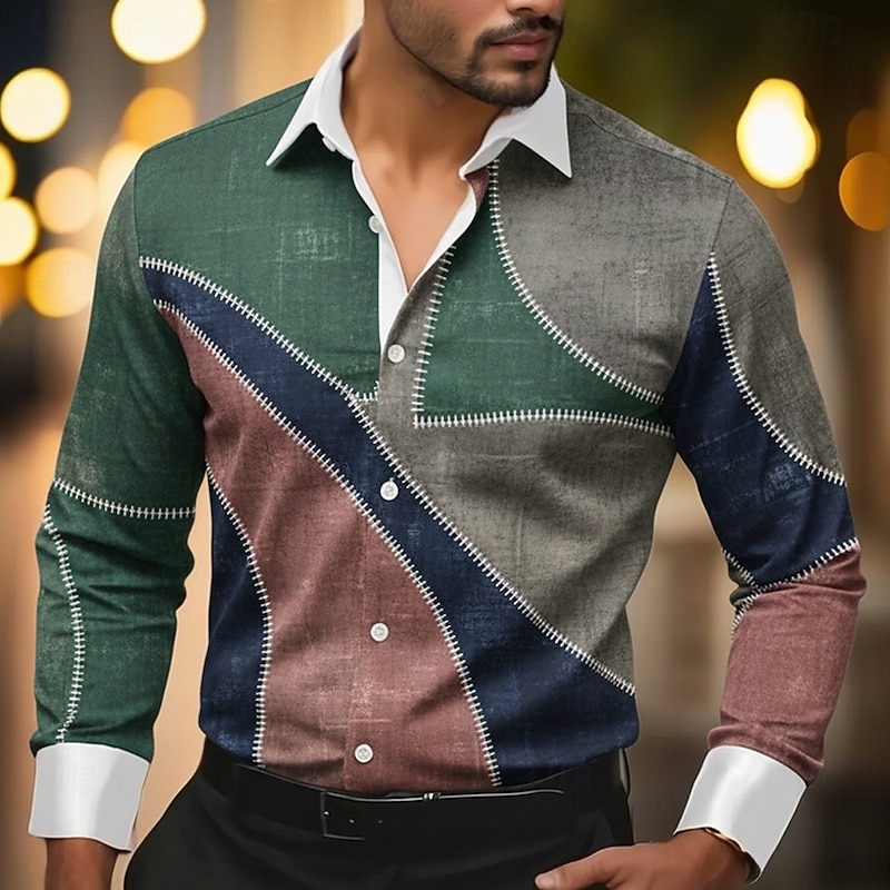 Men's Geometric Color Block Patchwork Shirt Satin Shirt Dress Shirt Long Sleeve Vintage Retro Vacation Dailywear Summer Spring Fall Turndown 3D Print Button Up Shirts Orange Green