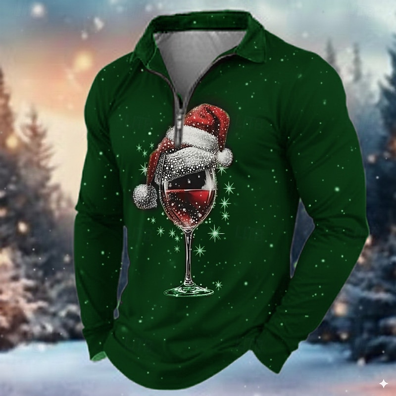 Christmas Men's Christmas Pattern Polo Long Sleeve Turndown Modern Leisure Holiday Casual Daily Zipper 3D Print Spring Fall Winter Black Green Wine3