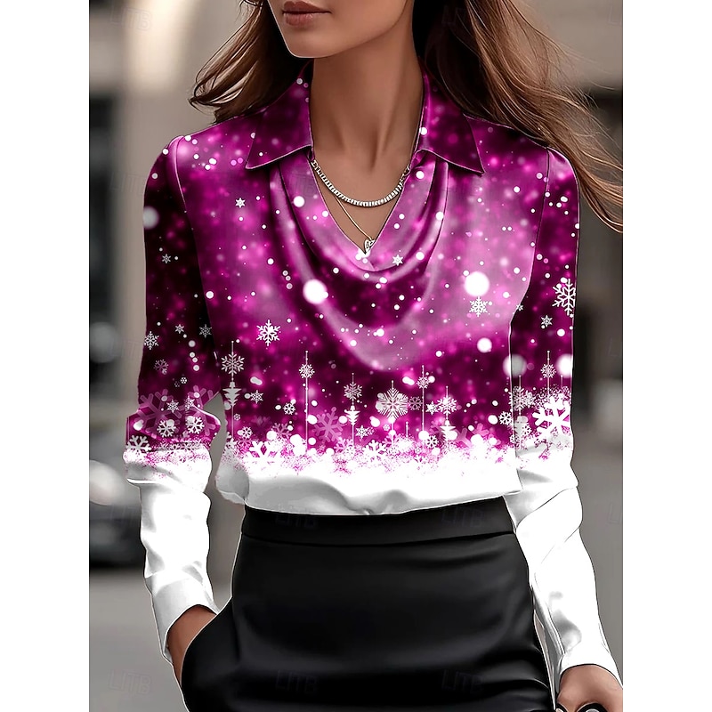 Christmas Women's Shirt Ombre Graphic Snowflake Elegant Stylish Casual Long Sleeve Cowl Neck Regular Tops Work Party Evening Wear Daily Ruched Draped Wine Blue Purple Fall Winter3