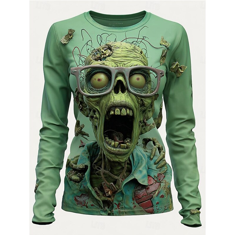 Halloween Women's T Shirt Skulls Graphic Vintage Fashion Stylish Long Sleeve Crew Neck Round Neck Regular Tops Daily Weekend Print Sage Green Light Green Green Summer Spring Fall