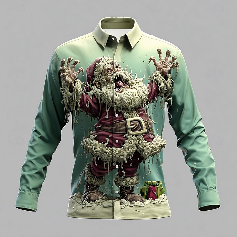 Halloween Men's Santa Claus Zombies Horror Shirt Button Up Shirt Long Sleeve Dark Punk Gothic Style Outdoor Holiday Summer Spring Turndown 3D Print Collared Shirts Blue green Green