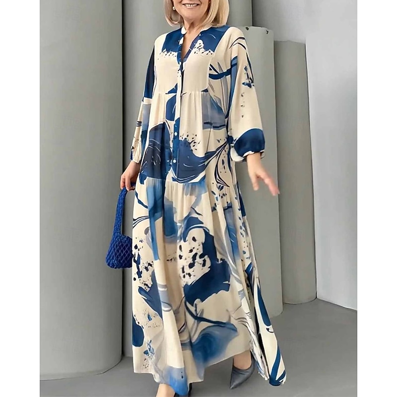 Women's Long Dress Maxi Dress Floral Dress Print Dress Modern Outdoor Vacation Going out Regular Fit Floral Long Sleeve V Neck Yellow Blue Brown Green Spring Fall