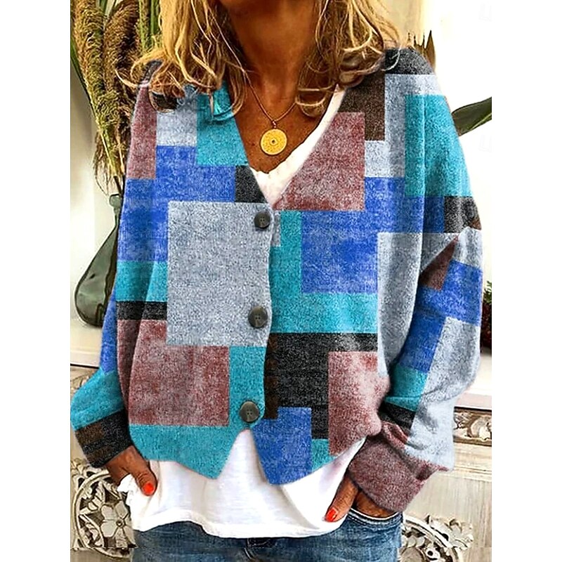 Women's Sweater Cardigan Elegant Vintage Fashion Graphic Geometric Crew Neck V Neck Pocket Knitted Print Long Sleeve Regular Tops Knit Outdoor Daily Weekend Red Brown Blue Fall Winter