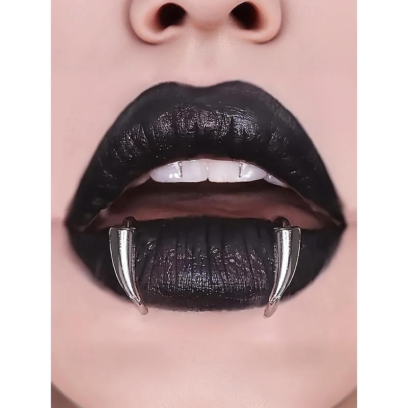Women's Halloween Stainless Steel Vampire Fang Lip Rings – Gothic Punk Fake Piercing Jewelry for Costume Party and Cosplay