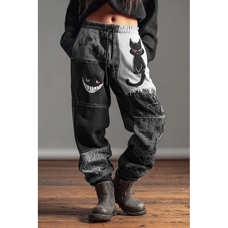 Halloween Cat Women's Culottes Wide Leg Jogging Pants Vacation Vintage Ethnic Style Full Length High WaistPants Drawstring Patchwork Printing Quick Dry Breathability Soft Inelastic Formal Outdoor3