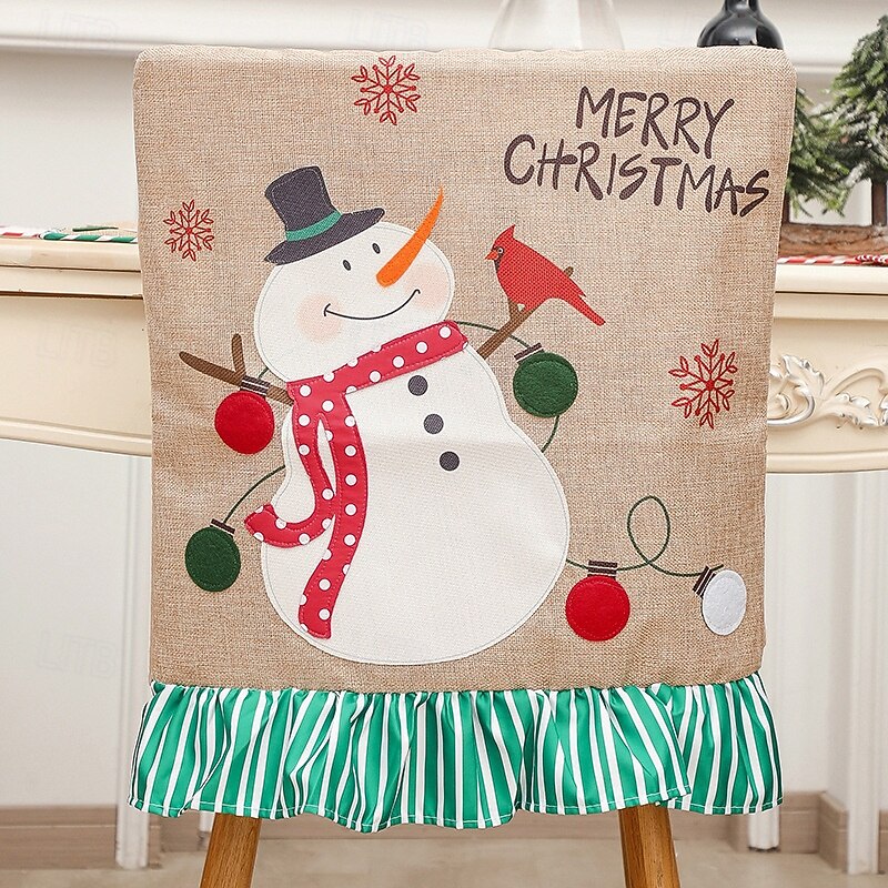 Burlap Christmas Chair Covers, Creative Santa Claus & Snowman Applique with Festive Stripes, Holiday Seat Covers for Dining Room and Home Decoration4