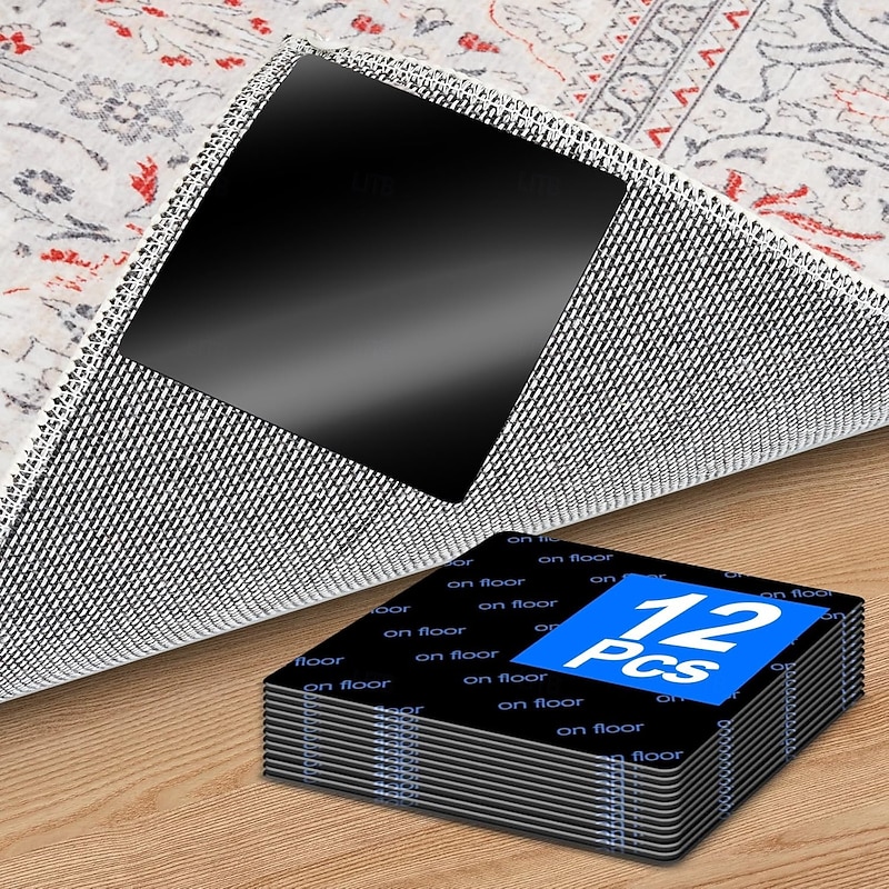 12pcs Premium Rug Grippers & Carpet Tape Square Anti-Slip Pads for Area Rugs, 3.9 Inch, Prevent Curling & Sliding, Ideal for Hardwood, Tile, Marble, and Laminate Floors