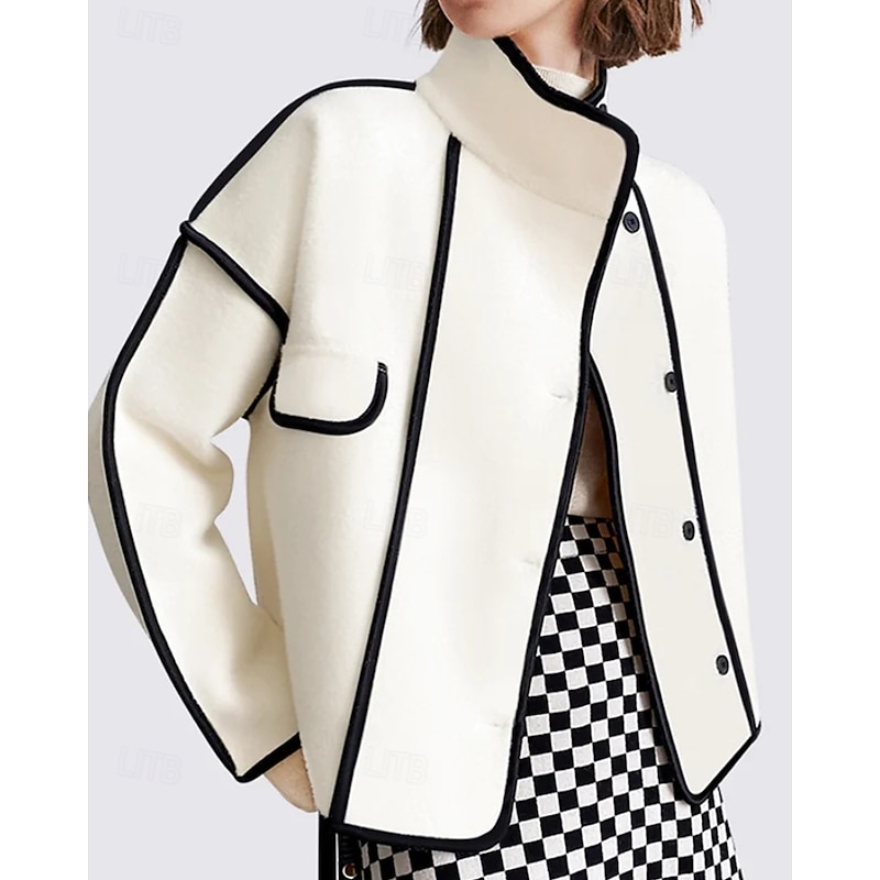 Women's Winter Coat Jacket Warm Comfortable Pocket Buttons Casual Color Block Vacation Street Going out Weekend Regular Stand Collar Regular Fit Long Sleeve Outerwear White Coffee Fall Winter
