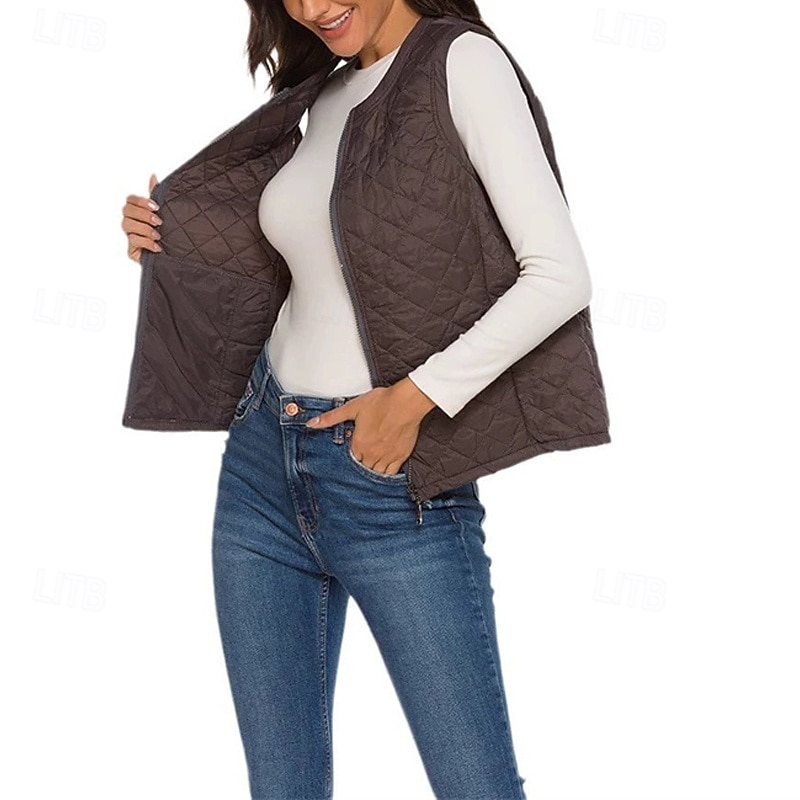 Women's Puffer Jacket Puffer Vest Quilted Jacket Waterproof Comfortable Zipper Pocket Casual Plain Vacation Street Casual Daily Wear Zipper Regular Collarless Regular Fit Sleeveless Outerwear Black2