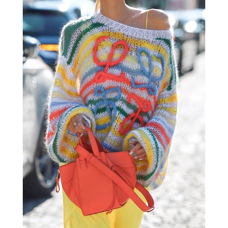 Women's Sweater Pullover Streetwear Casual Floral Crew Neck Knitted Print Long Sleeve Regular Tops Knit Outdoor Daily Holiday Yellow Pink Fall Winter