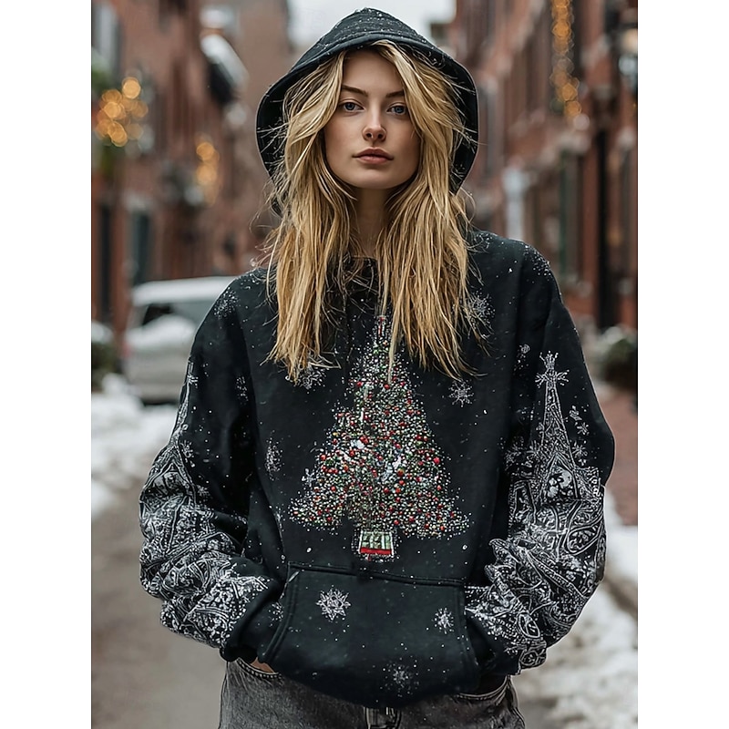Women's Pullover Hoodie Sweatshirt Graphic Christmas Tree Christmas Casual Long Sleeve Hooded Regular Tops Party Evening Wear Street Dailywear Black Spring Fall Winter