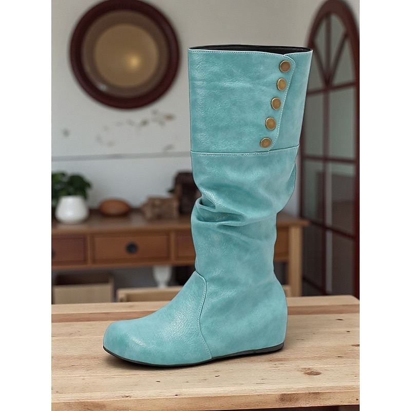 Women's Mid Calf Slouchy Boots – Retro Button Detail Faux Leather Flat Winter Shoes for Casual Outfits and Travel4