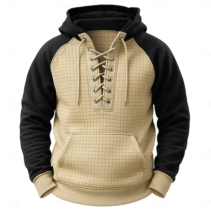Men's Hoodie Sweatshirt Waffle Sweatshirt Pullover Hoodie Sweatshirt Pullover Army Green Navy Blue Blue Khaki Gray Hooded Plain Lace up Patchwork Sports & Outdoor Casual Daily Streetwear Cool