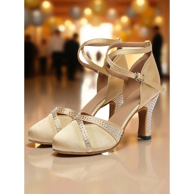 Women's Gold Satin Dance Shoes with Rhinestone Heels - Elegant Strappy Ballroom and Latin Performance Shoes4