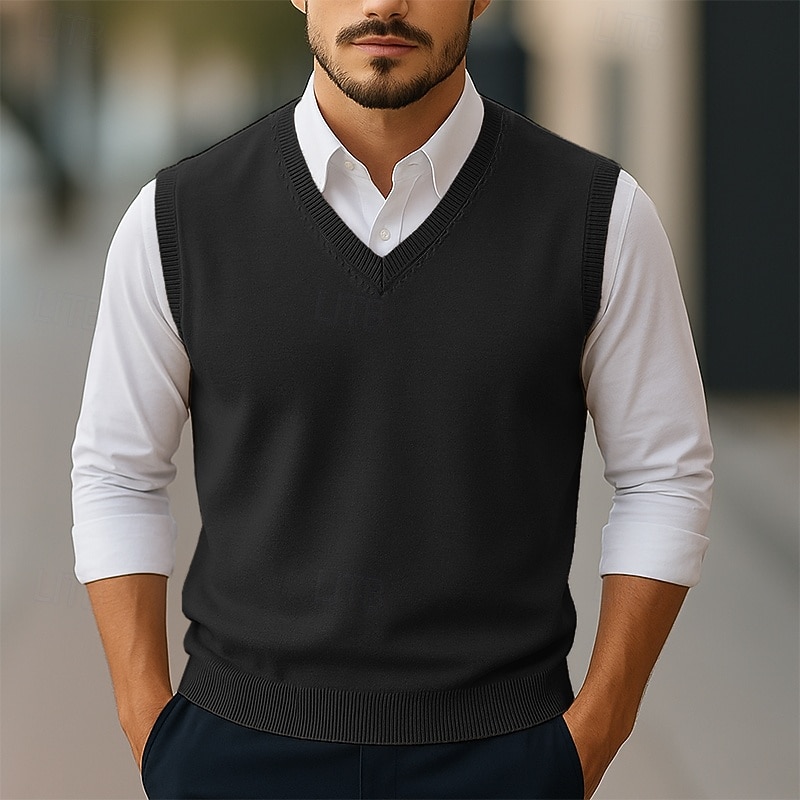 Men's Sweater Sweater Vest Pullover Sweater Jumper Ribbed Knit Regular Tops Knitted Slim Fit Plain V Neck Knitwear Contemporary Casual Daily Wear Clothing Apparel Winter Spring &  Fall Camel Black S3