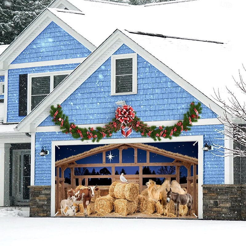 Christmas Outdoor Garage Door Cover Nativity Scene Jesus Birth Christmas Manger Large Tapestry Backdrop Decoration For Holiday Outdoor Garage Door Home Wall Religious Festival Celebration Decor3