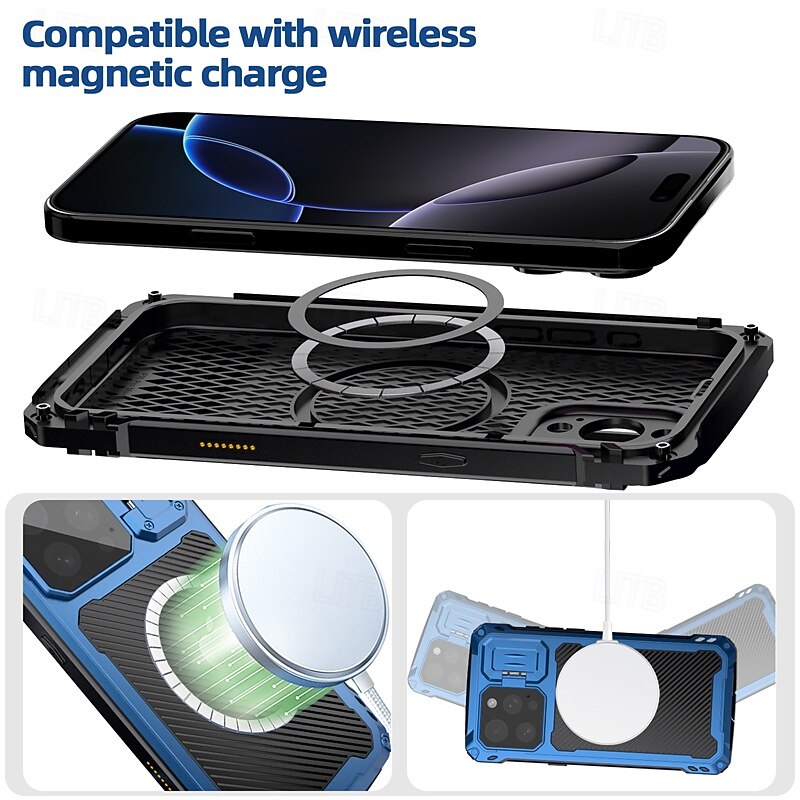 Phone Case For iPhone 16 15 14 Pro Max Plus 16e Magnetic Adsorption with Stand Holder Support Wireless Charging Shockproof Retro Aluminum Alloy Tempered Glass Silicone4