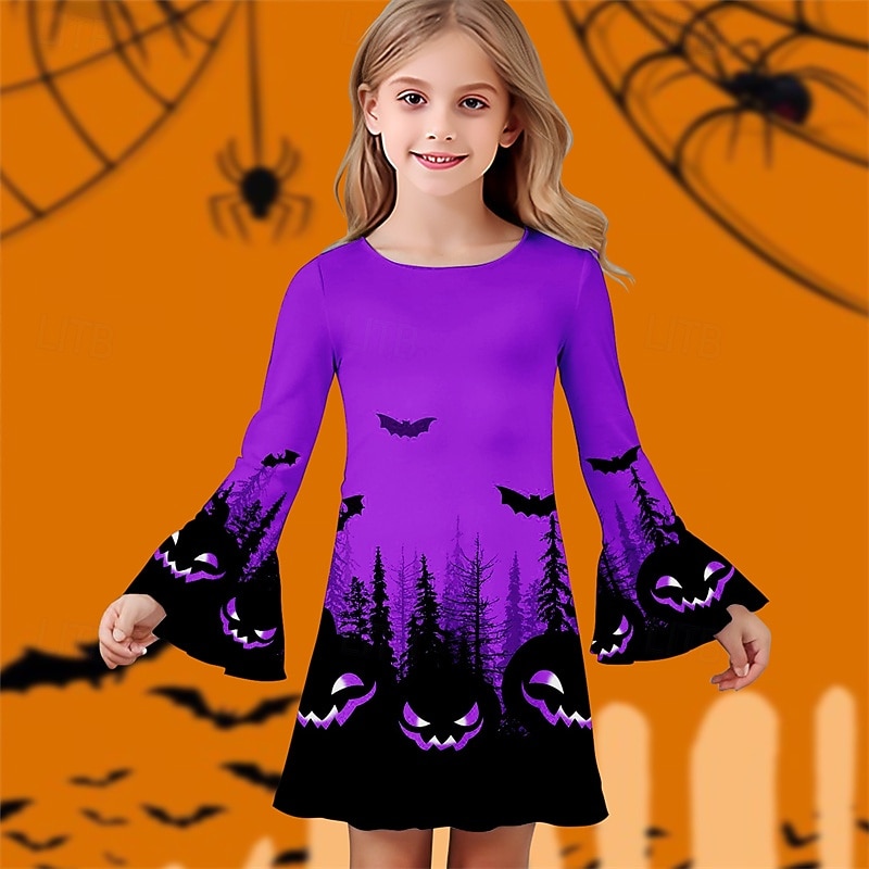 Halloween Girls' 3D Pumpkin Bat Dress Ruffle Dress Long Sleeve Summer Spring Vacation Daily Holiday Beautiful Sweet Kids 4-12 Years Casual Dress Knee-length Regular Fit2