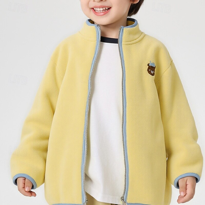Kids Boys' Fleece Jacket Outdoor Jacket Coat Outerwear Solid Color Long Sleeve Zipper Pocket Comfort Keep Warm Soft Coat Outdoor Fashion Daily White Yellow Spring Fall 4 years+2