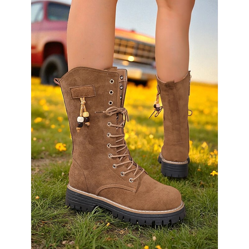 Women's Mid-Calf Lace-Up Combat Boots with Chunky Sole, Casual Military Style Boots for Outdoor and Streetwear4