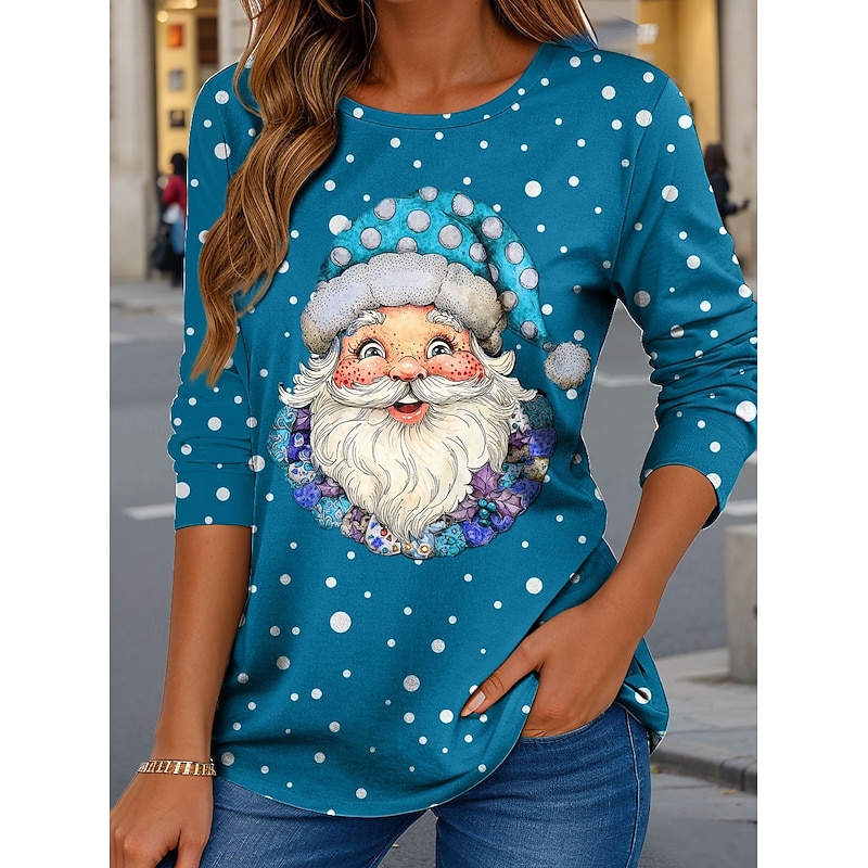 Christmas Women's T Shirt Graphic Santa Claus Vintage Fashion Stylish Long Sleeve Crew Neck Regular Tops Daily Weekend Print Red Blue Purple Green Khaki Fall Winter3