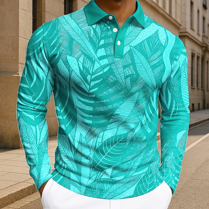 Men's Plants Leaves Polo Long Sleeve Polo Shirts Lapel Casual Athleisure Daily Wear 3D Print Buttons Spring Fall Winter Blue Green Gray2