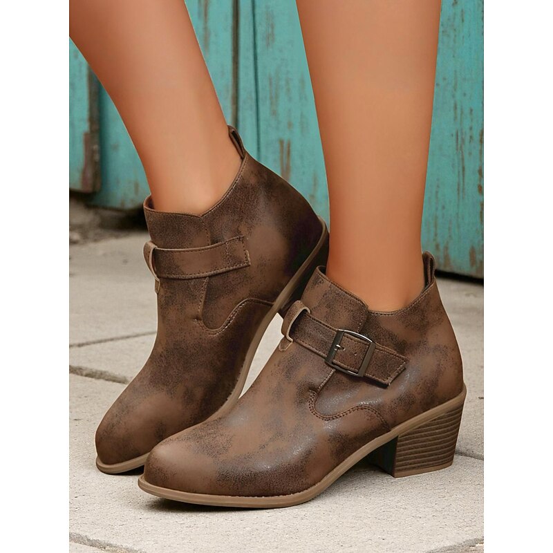 Women's Coffee Buckle Strap Ankle Boots with Block Heel, Casual Vintage Style for Fall and Everyday Outfits
