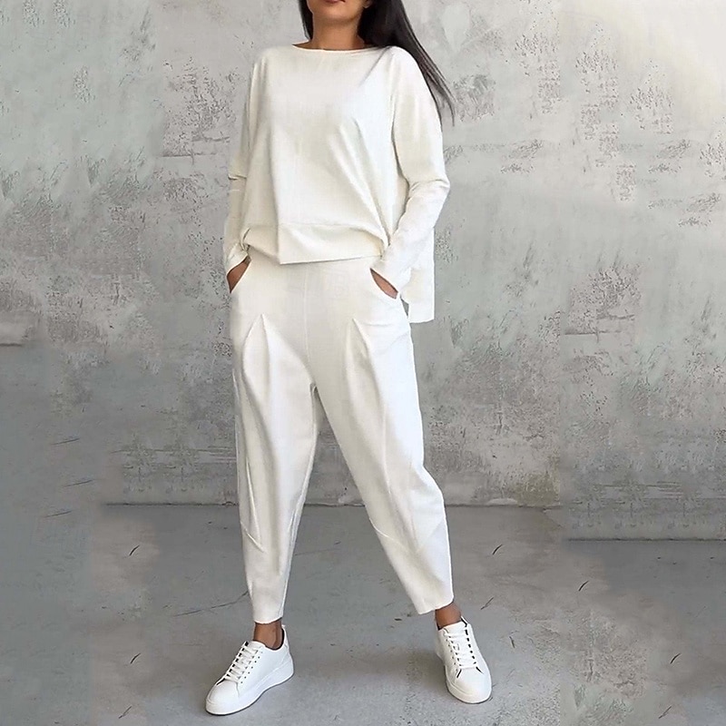 Women's Pullover Sweatsuit Sets 2 Piece Tracksuit Lounge Outfits  with Pocket Solid Colored Clothing Suit Fall Black White Gym Running Fitness Lightweight Breathable Long Sleeve Sport Activewear2