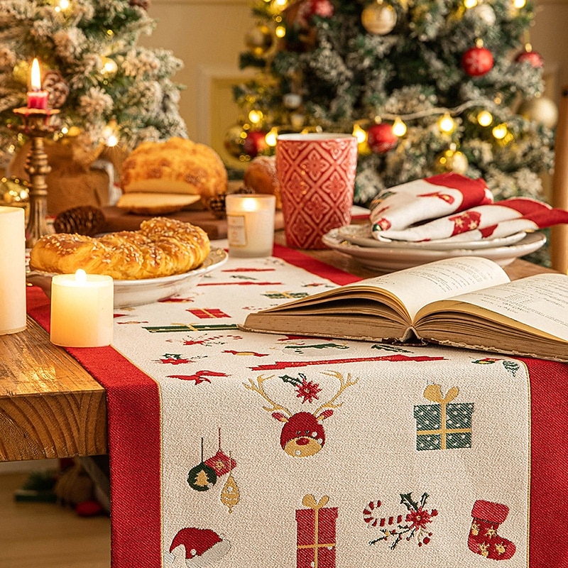 Christmas Table Runner Cotton Linen with Snowman Embroidery, Holiday Dining Table Cloth Decoration, Xmas Party Table Decor Ornament2