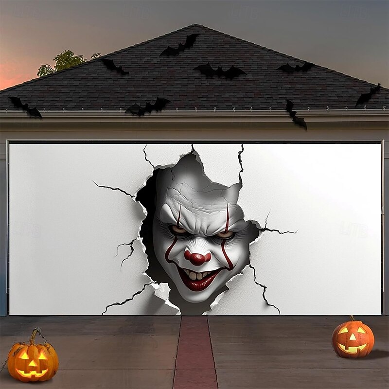Halloween Garage Door Cover 3D Broken Wall Creepy Clown Face Banner Haunted House Horror Scene Spooky Backdrop Tapestry for Outdoor Wall Fence Yard Halloween Party Decoration2