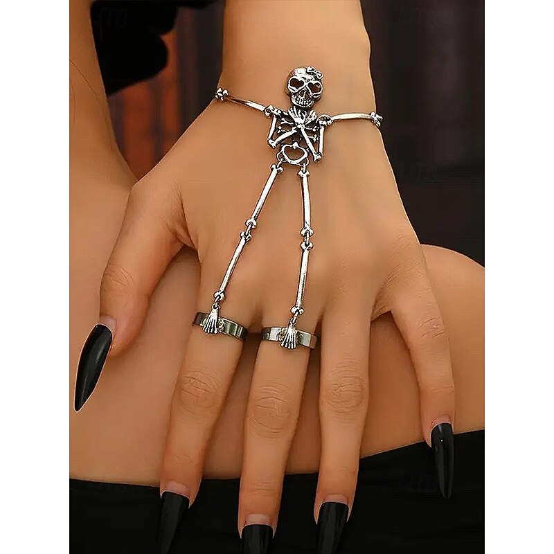 Women's Halloween Skeleton Hand Chain Bracelet with Rings – Gothic Punk Skull Jewelry for Costume Parties, Cosplay and Night Events